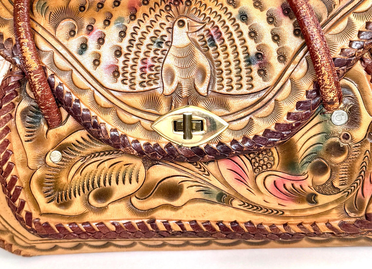 Vintage Tooled Leather Bag 70s Boho Peacock Floral Tooling Tan Brown