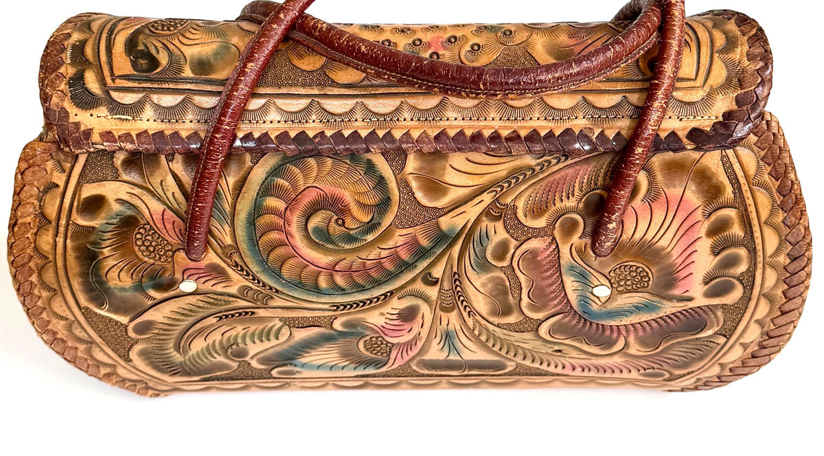 Vintage Tooled Leather Bag 70s Boho Peacock Floral Tooling Tan Brown