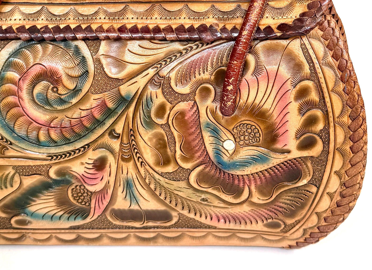 Vintage Tooled Leather Bag 70s Boho Peacock Floral Tooling Tan Brown