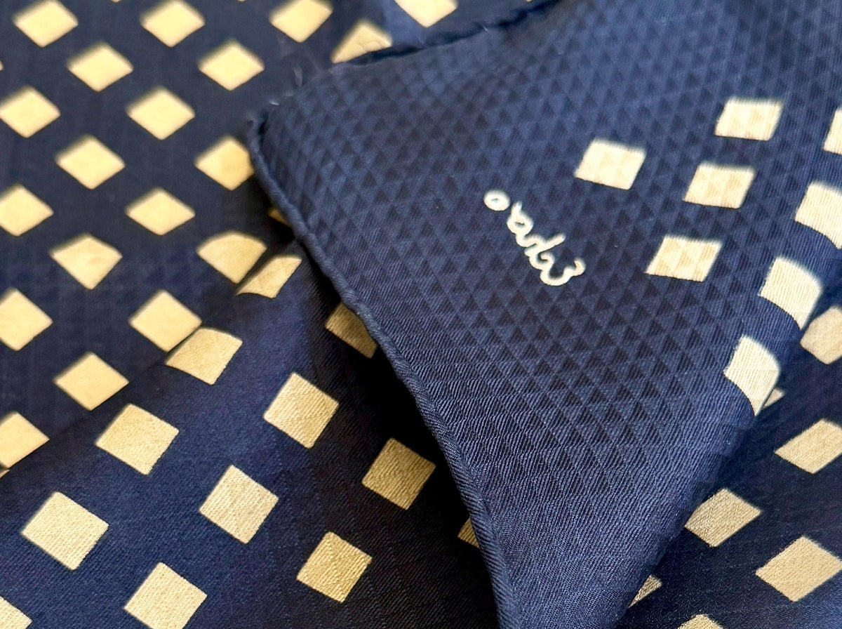 Vintage Navy Blue Scarf Carré Gold Diamond Pattern