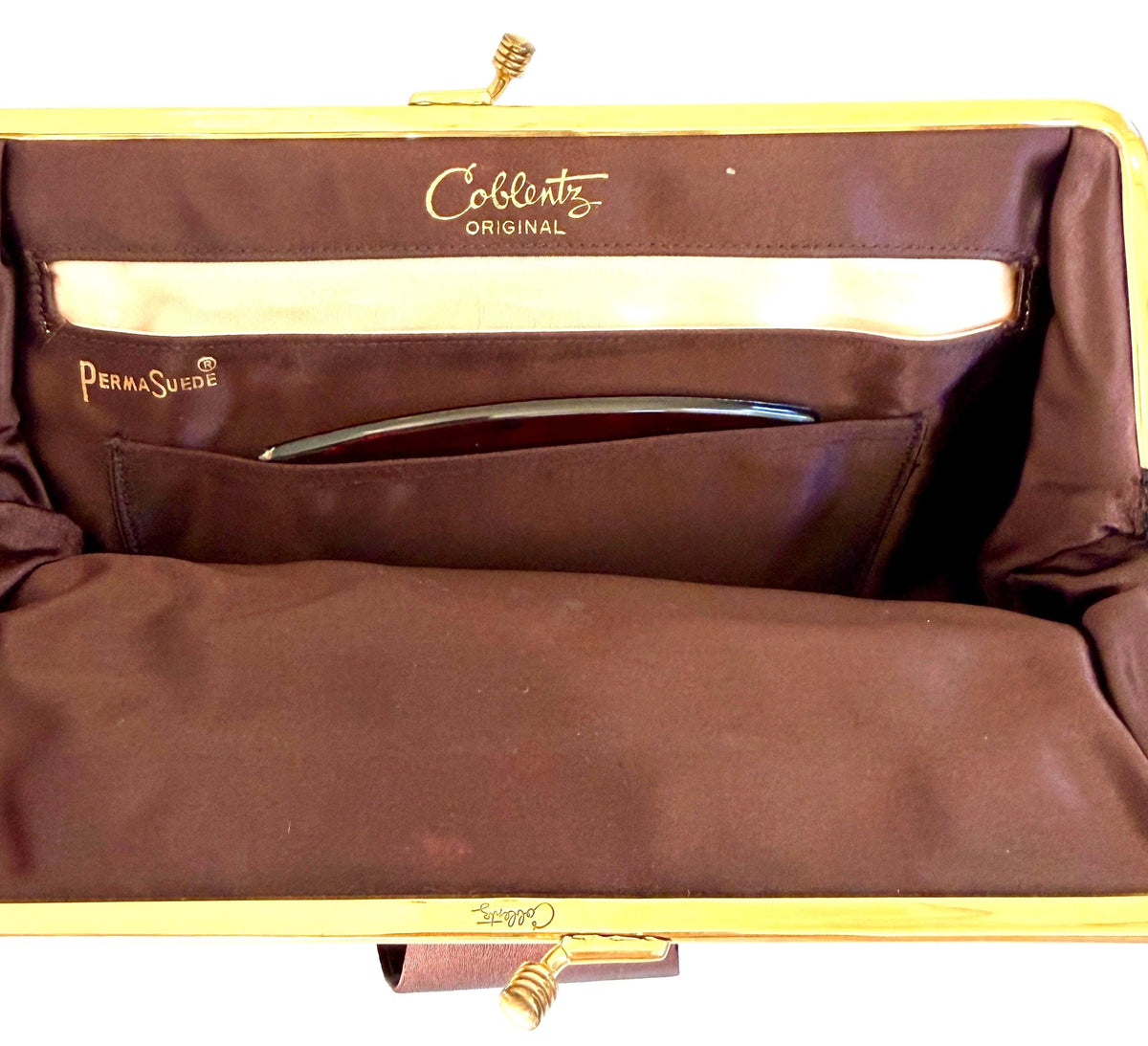 Vintage Chocolate Brown Clutch Purse Gold Kiss Lock Mid Century Coblentz Original