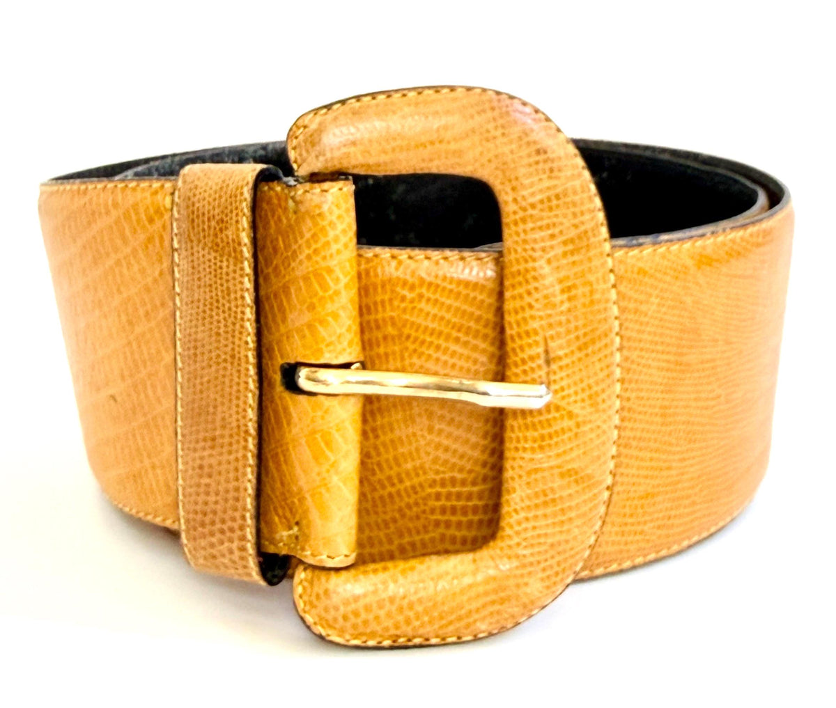 Wide 90s Donna Karen Belt Minimalist Golden Tan Reptile Embossed Strap