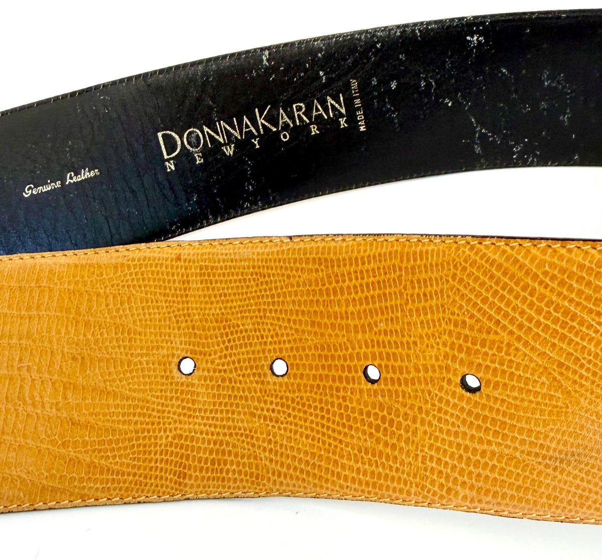 Wide 90s Donna Karen Belt Minimalist Golden Tan Reptile Embossed Strap