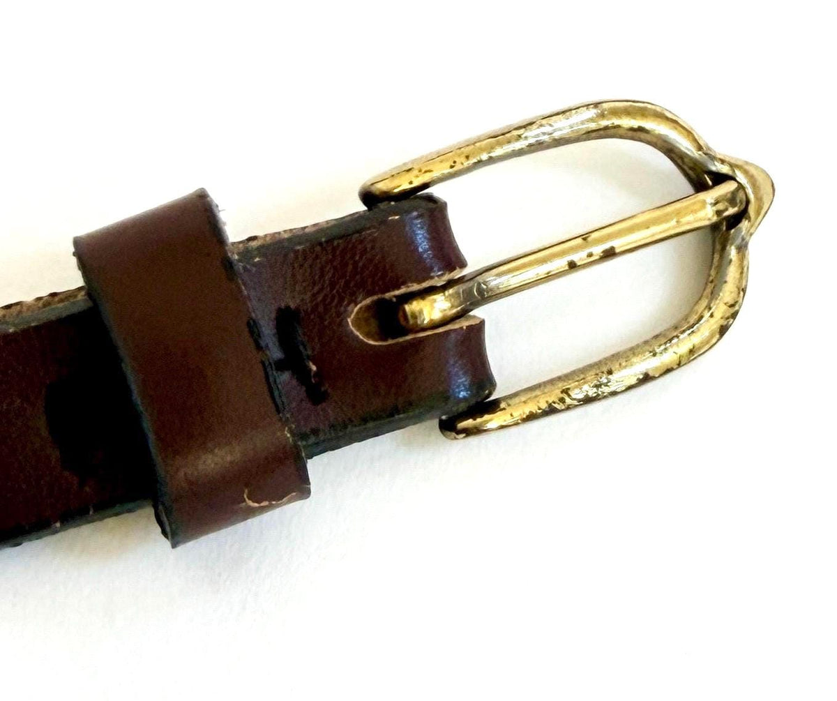 Vintage Etienne Aigner Studded Belt 60s 70s Brass Logo Studs Skinny Dark Brown Leather Strap