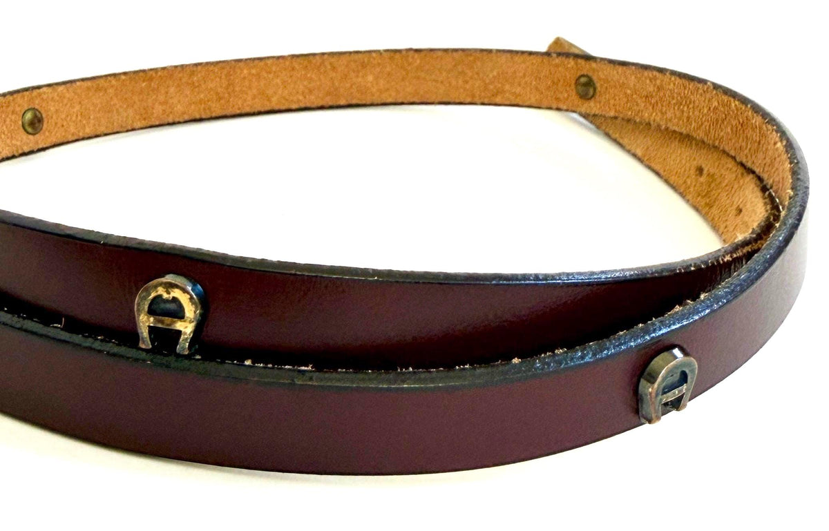Vintage Etienne Aigner Studded Belt 60s 70s Brass Logo Studs Skinny Dark Brown Leather Strap