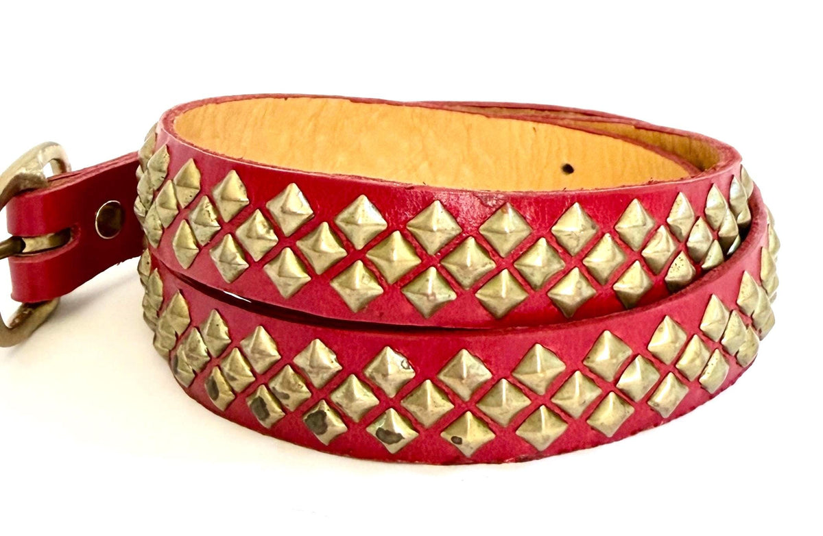 Vintage Studded Skinny Belt Red Leather with Brass Pyramid Studs Handmade in USA