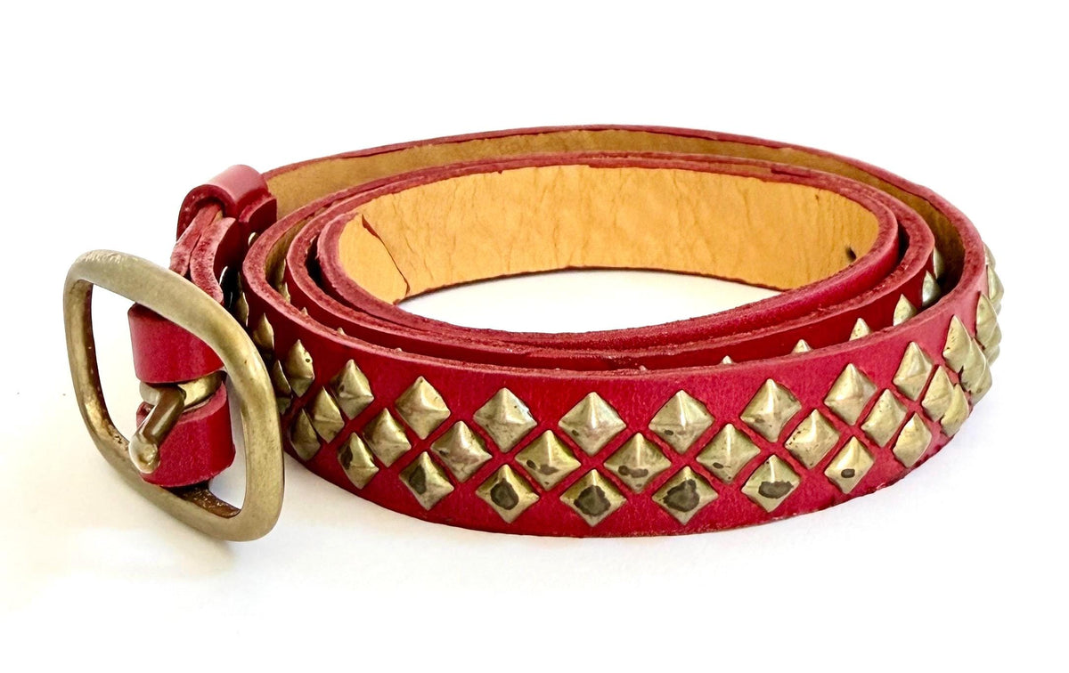 Vintage Studded Skinny Belt Red Leather with Brass Pyramid Studs Handmade in USA