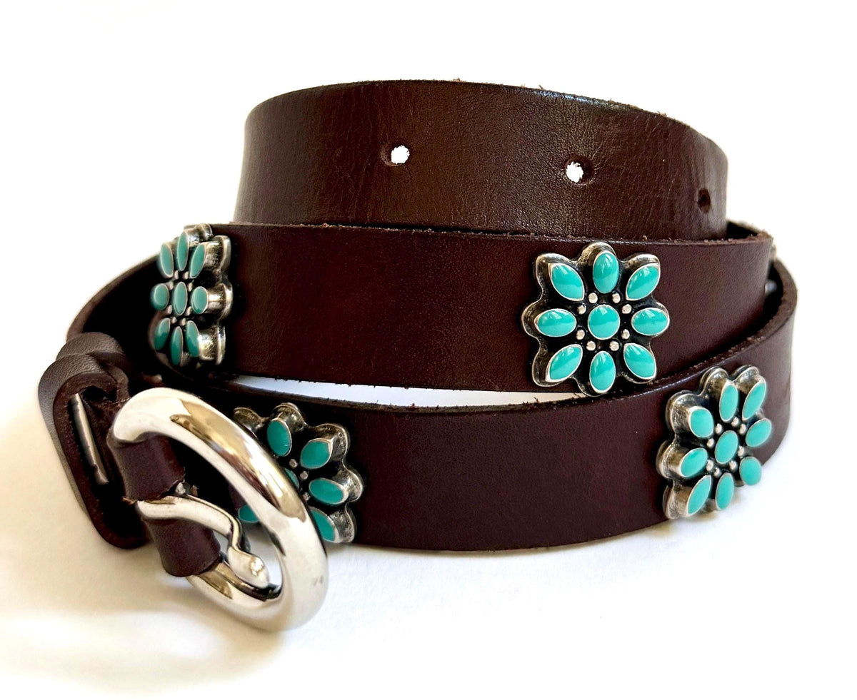 Vintage Western Turquoise Concho Belt Dark Brown Leather Strap