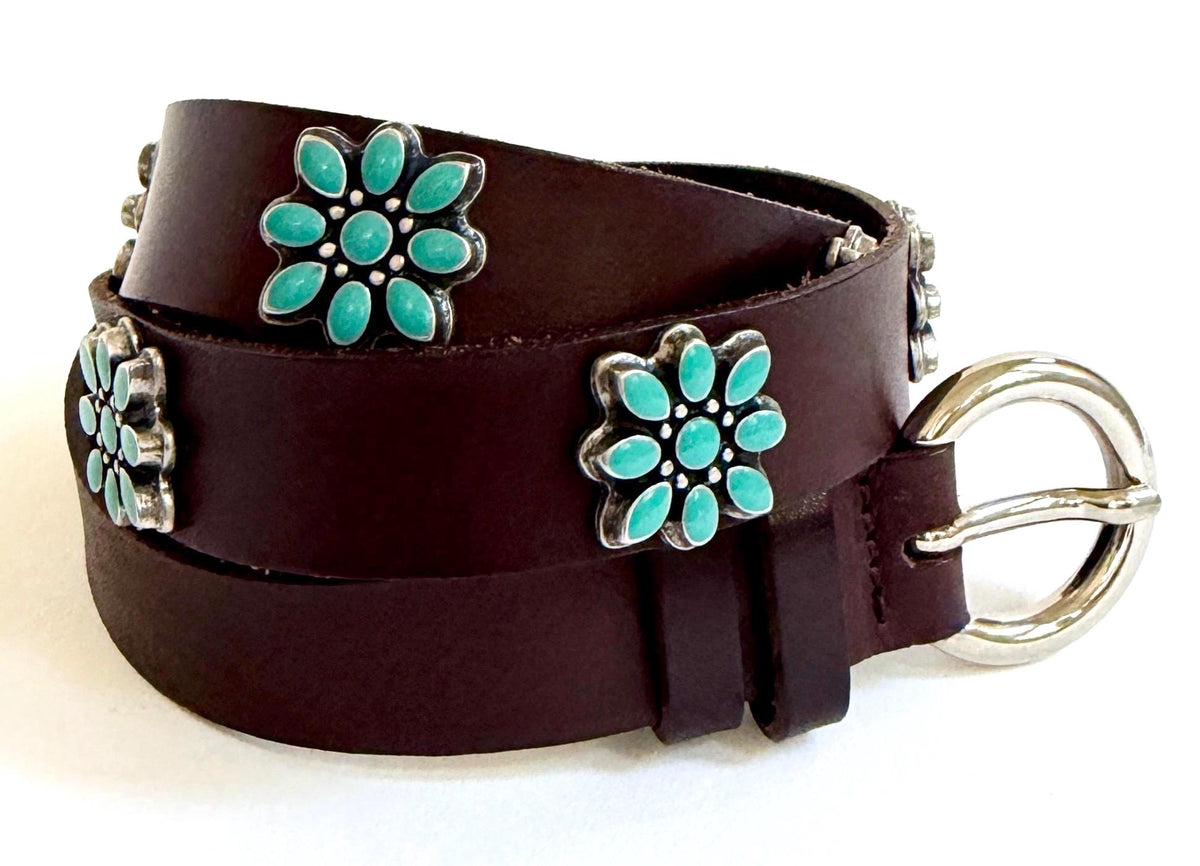 Vintage Western Turquoise Concho Belt Dark Brown Leather Strap