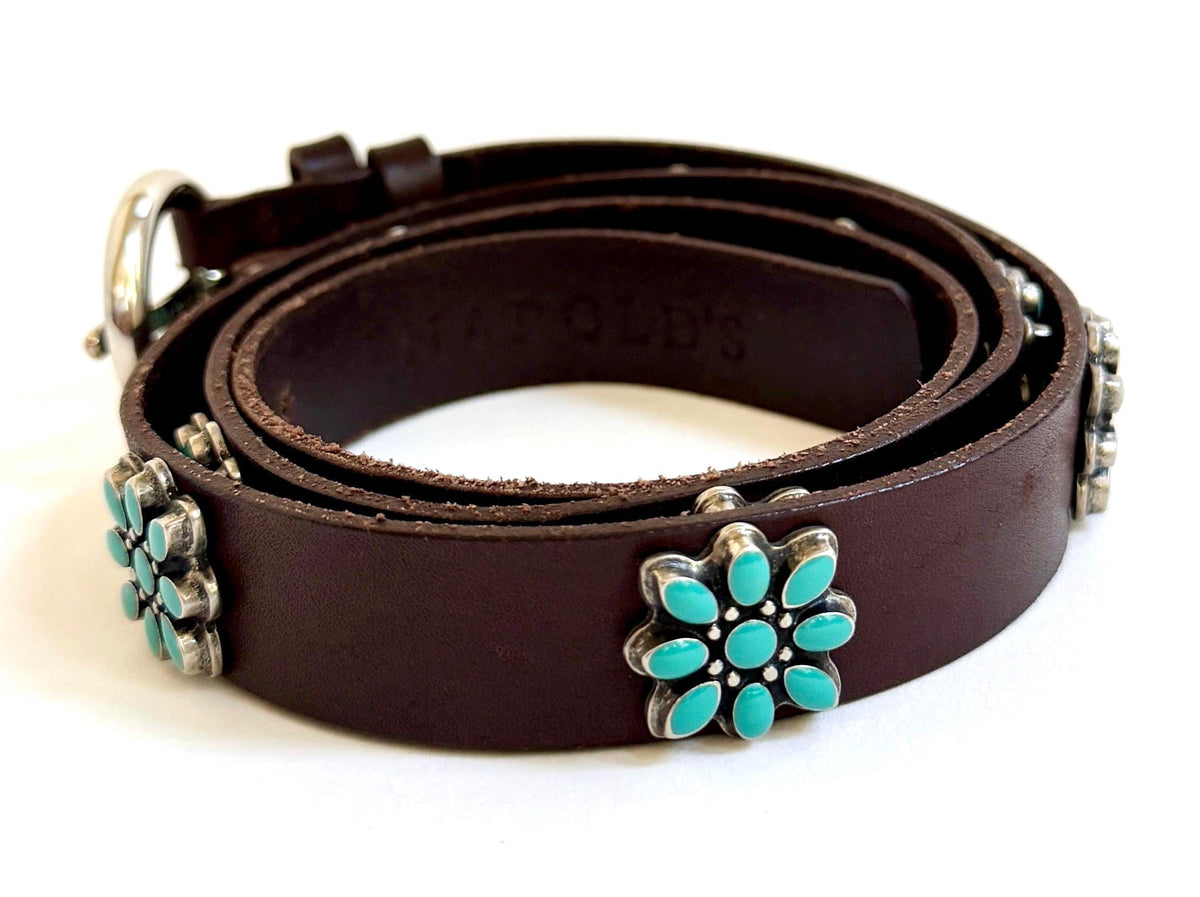 Vintage Western Turquoise Concho Belt Dark Brown Leather Strap