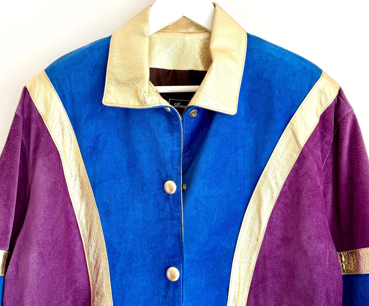 Vintage Metallic Leather Bomber Jacket 80s 90s Blue Purple Gold