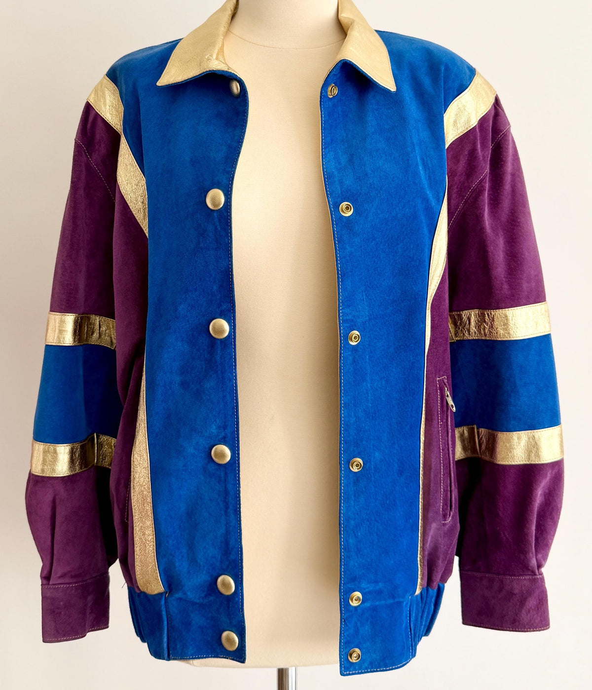Vintage Metallic Leather Bomber Jacket 80s 90s Blue Purple Gold