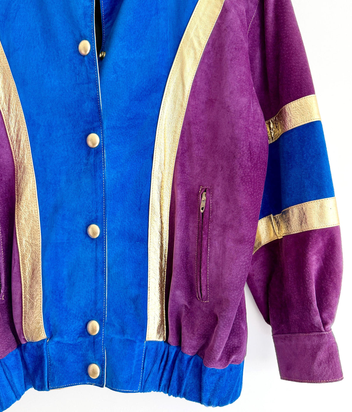 Vintage Metallic Leather Bomber Jacket 80s 90s Blue Purple Gold