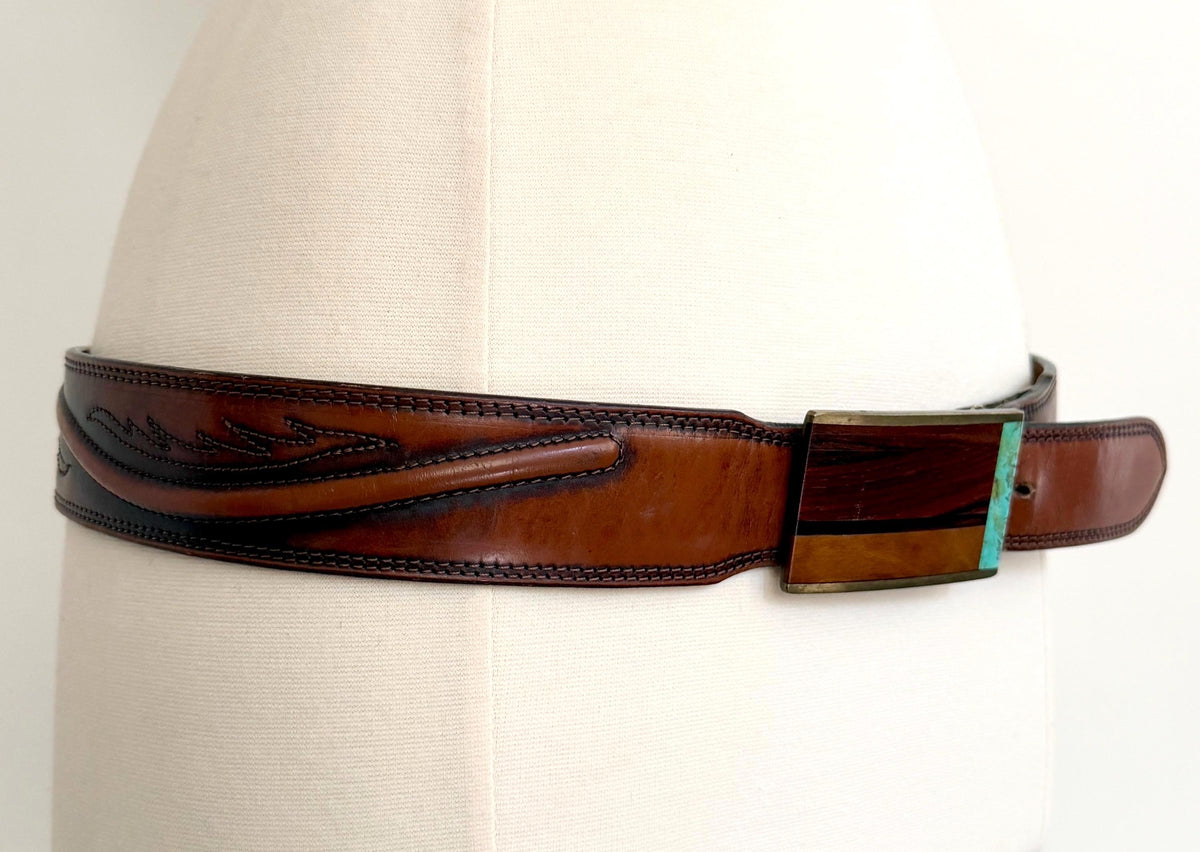 Vintage Turquoise Western Belt Brown Leather Strap