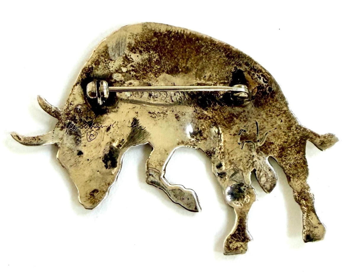 Vintage Sterling Silver Bucking Bull Pin Brooch Artist Signed