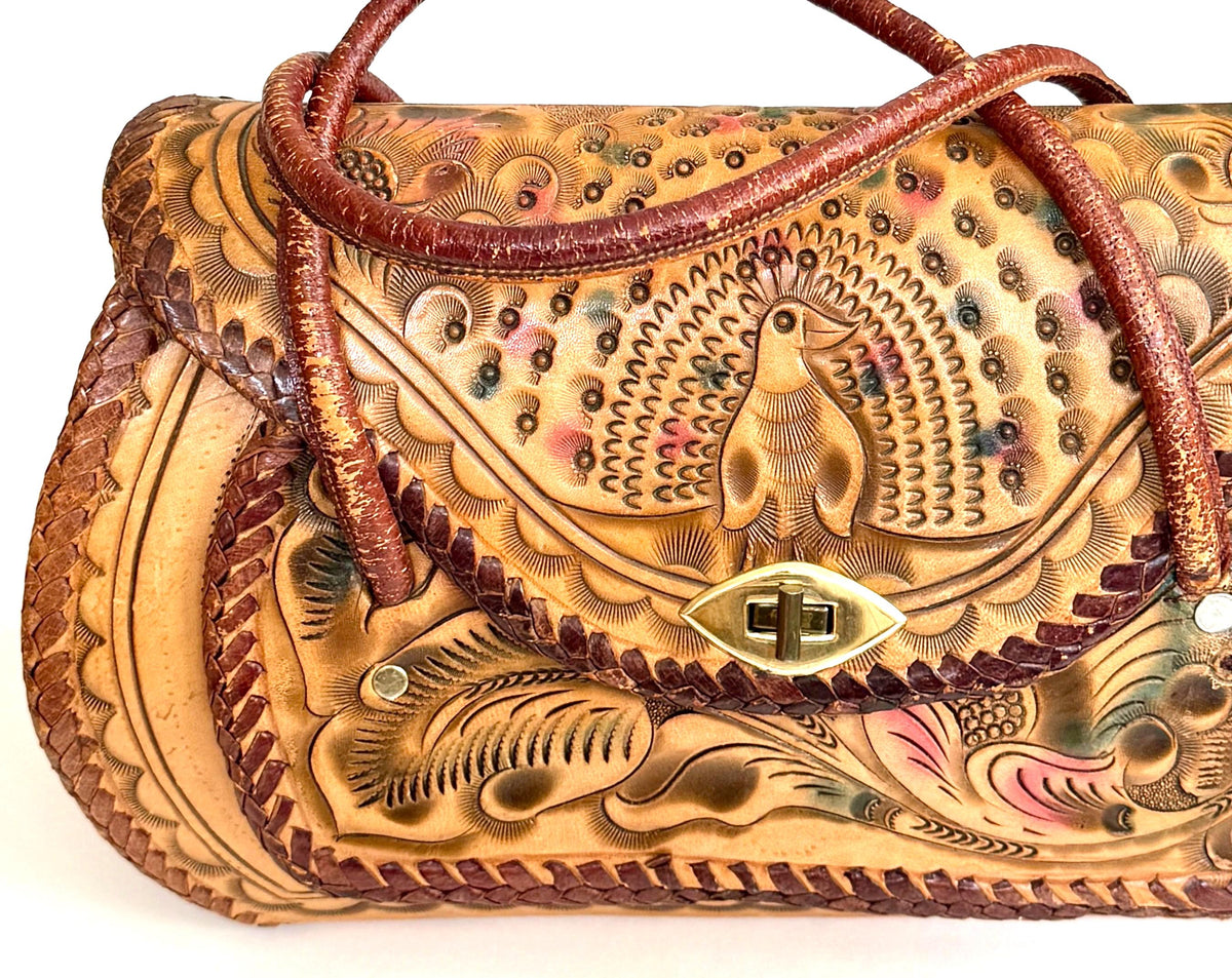 Vintage Tooled Leather Bag 70s Boho Peacock Floral Tooling Tan Brown