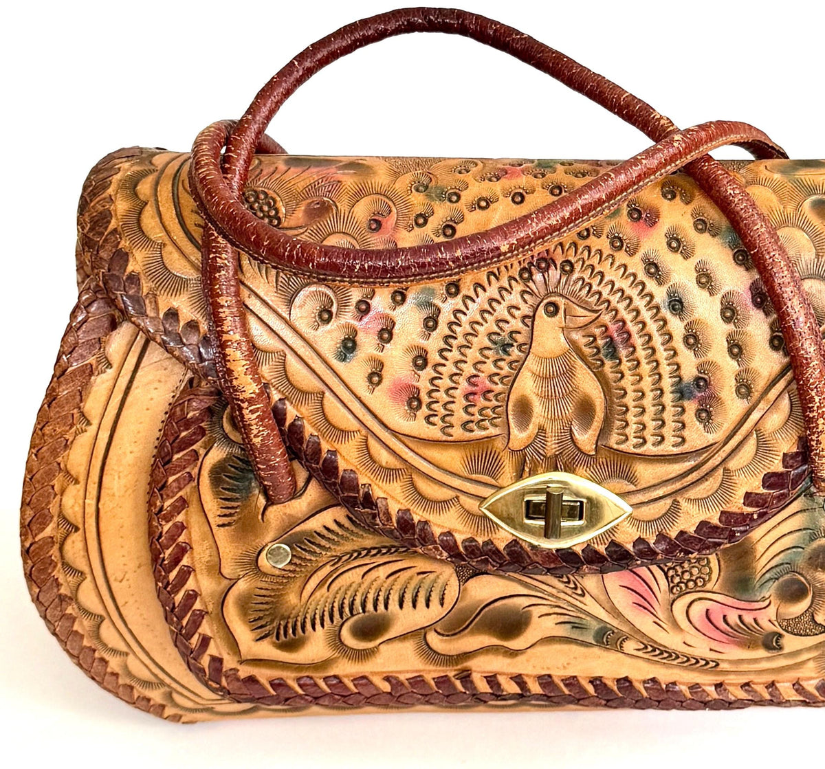 Vintage Tooled Leather Bag 70s Boho Peacock Floral Tooling Tan Brown