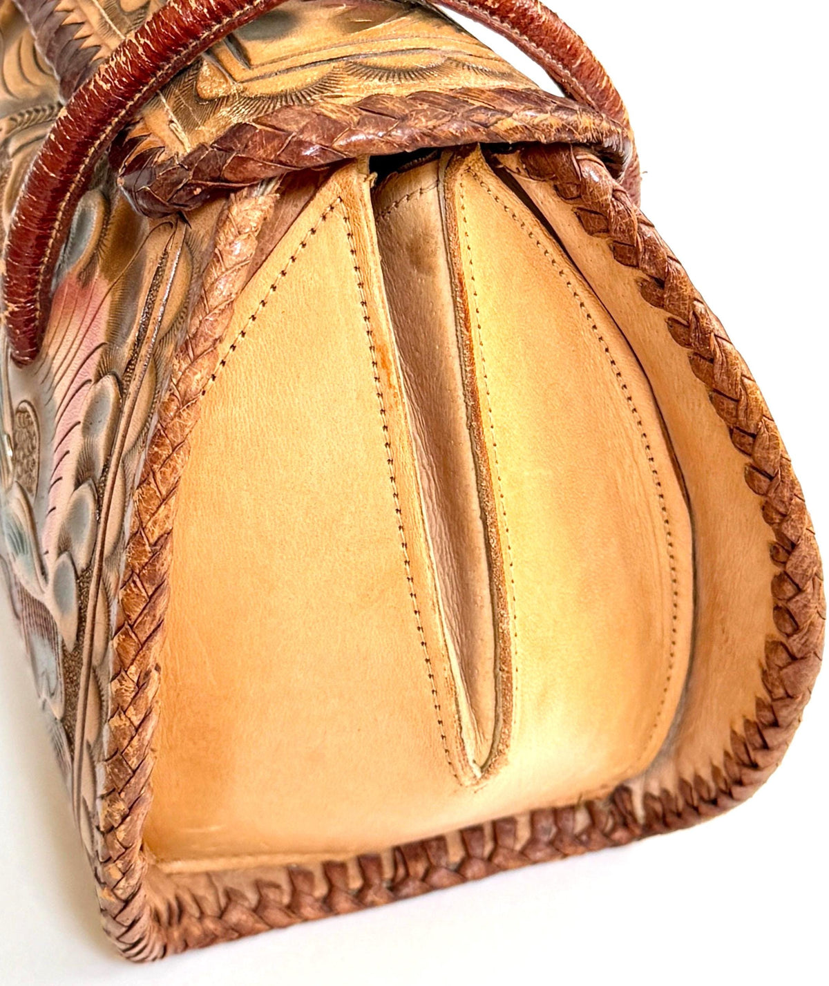 Vintage Tooled Leather Bag 70s Boho Peacock Floral Tooling Tan Brown
