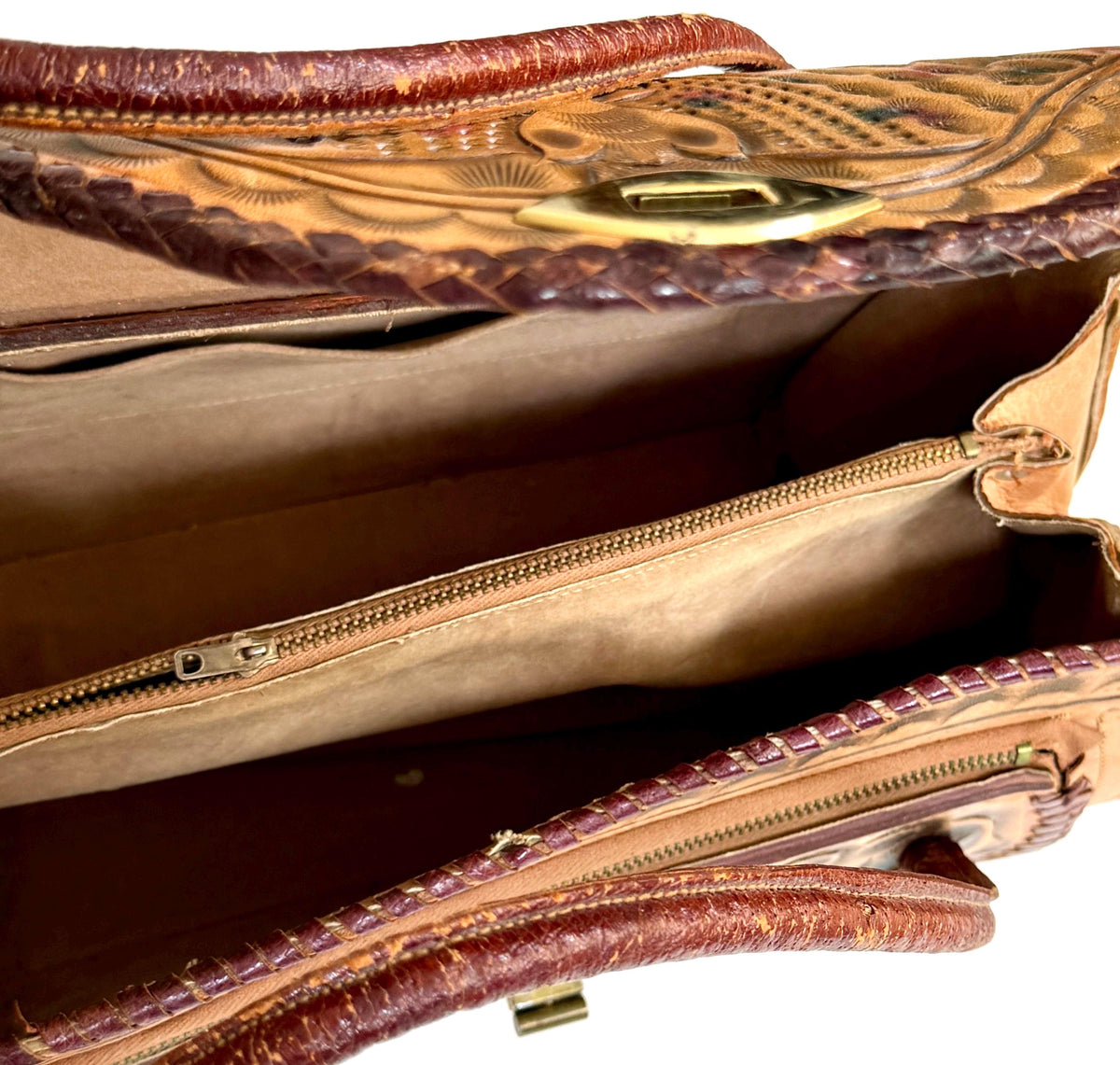 Vintage Tooled Leather Bag 70s Boho Peacock Floral Tooling Tan Brown