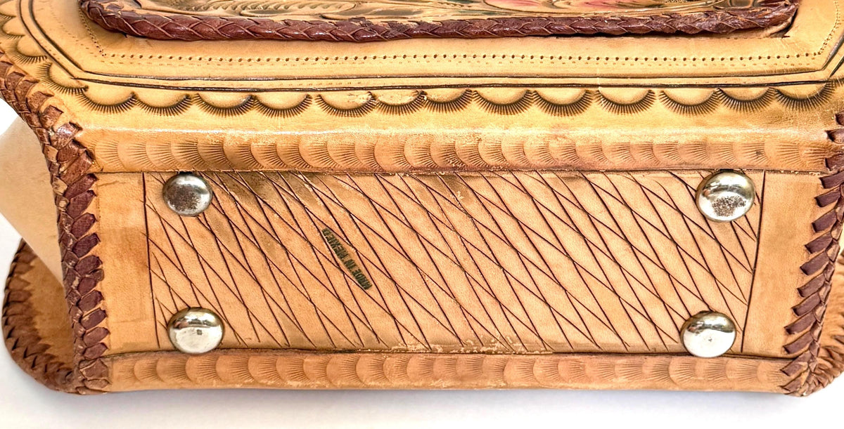 Vintage Tooled Leather Bag 70s Boho Peacock Floral Tooling Tan Brown