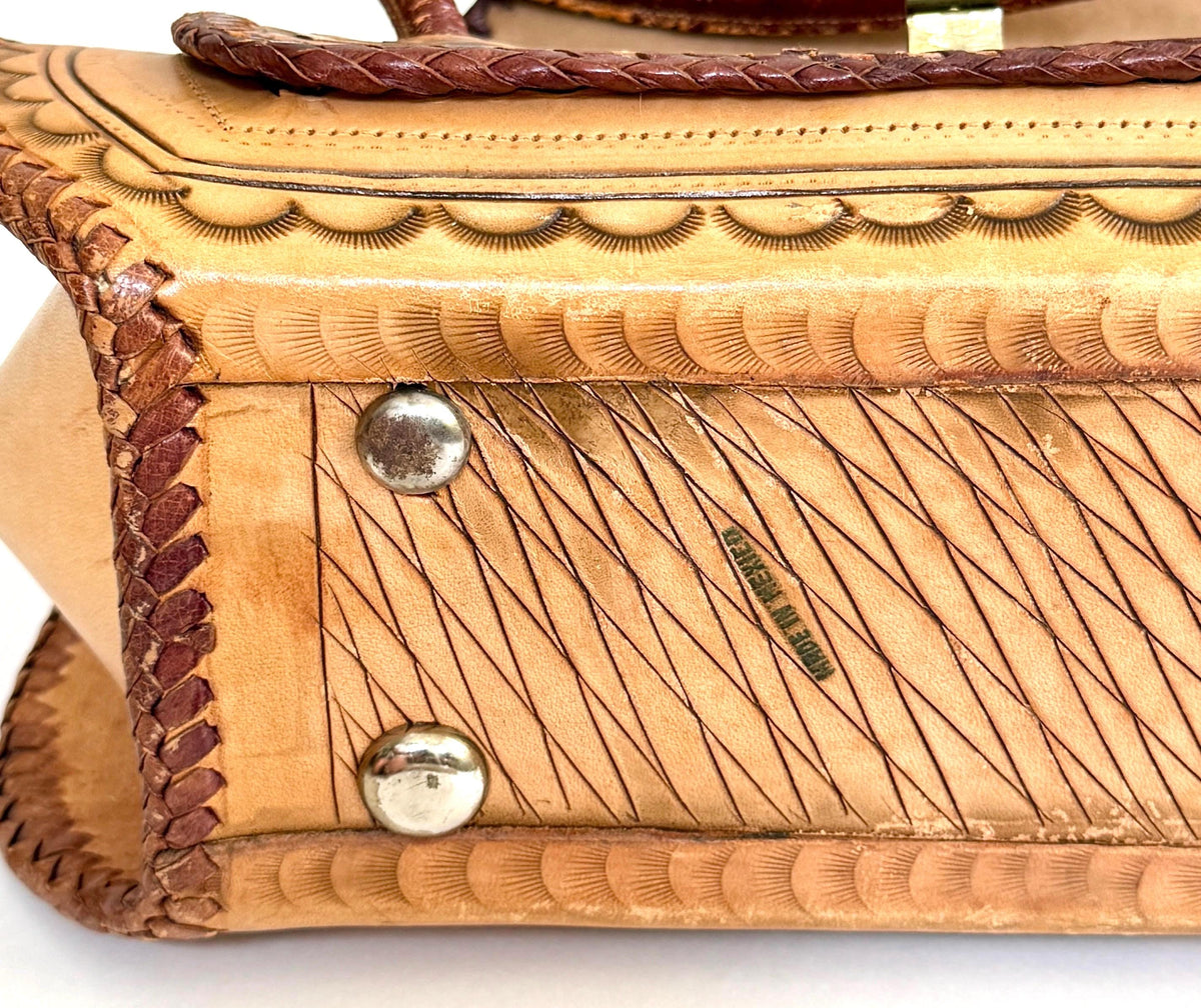Vintage Tooled Leather Bag 70s Boho Peacock Floral Tooling Tan Brown