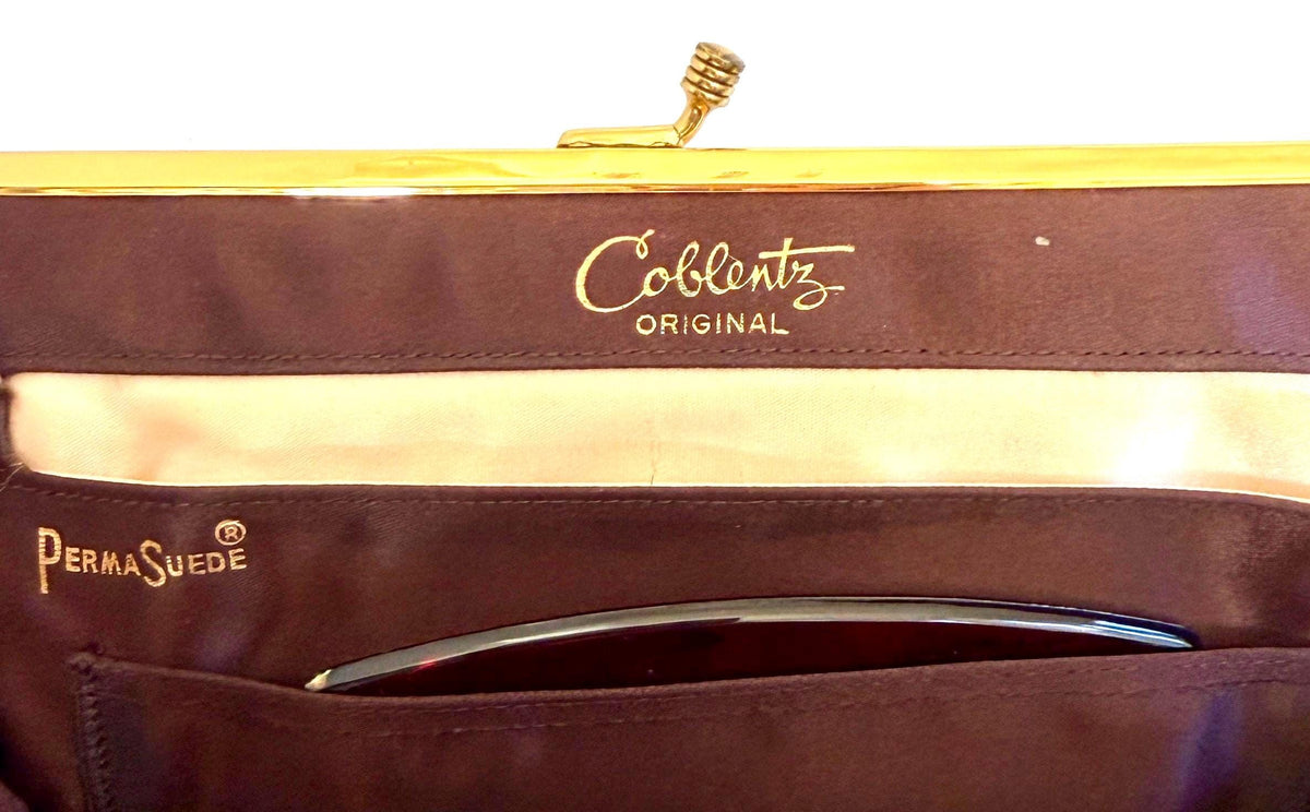 Vintage Chocolate Brown Clutch Purse Gold Kiss Lock Mid Century Coblentz Original