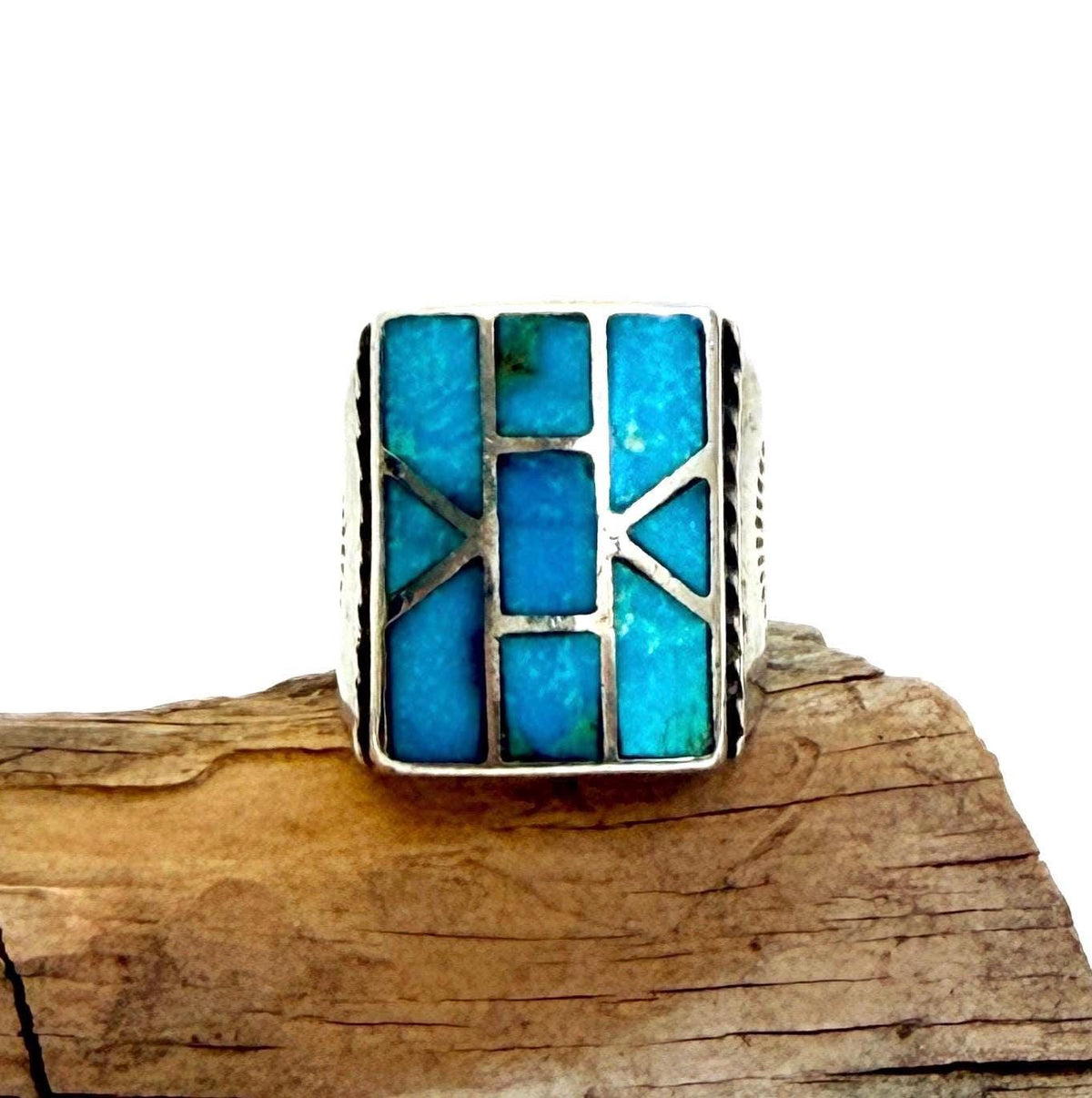 Vintage Native American Turquoise Signet Ring Hand Stamped Sterling Silver Band Size 9.5