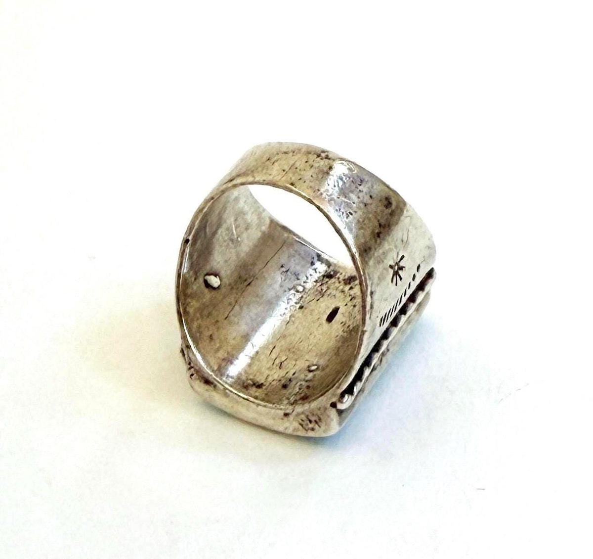 Vintage Native American Turquoise Signet Ring Hand Stamped Sterling Silver Band Size 9.5