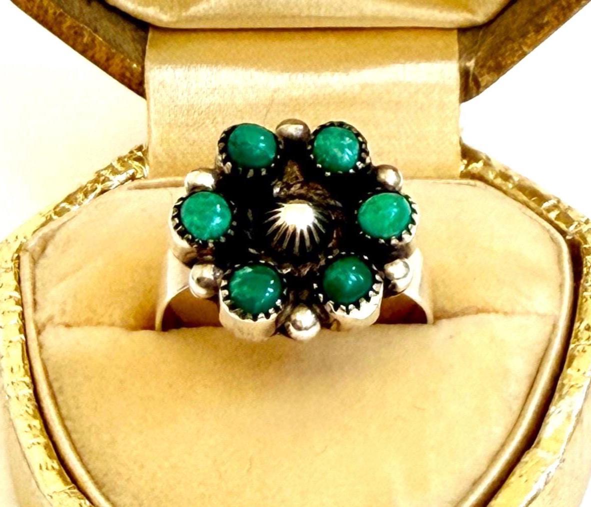 Vintage Turquoise Cluster Ring Native American Sterling Silver Size 7.25