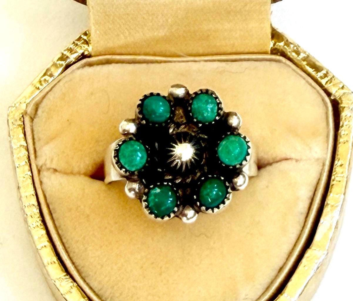 Vintage Turquoise Cluster Ring Native American Sterling Silver Size 7.25