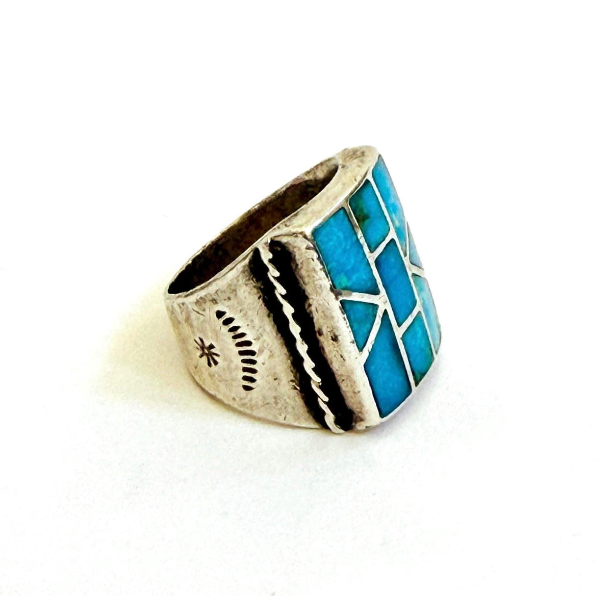 Vintage Native American Turquoise Signet Ring Hand Stamped Sterling Silver Band Size 9.5