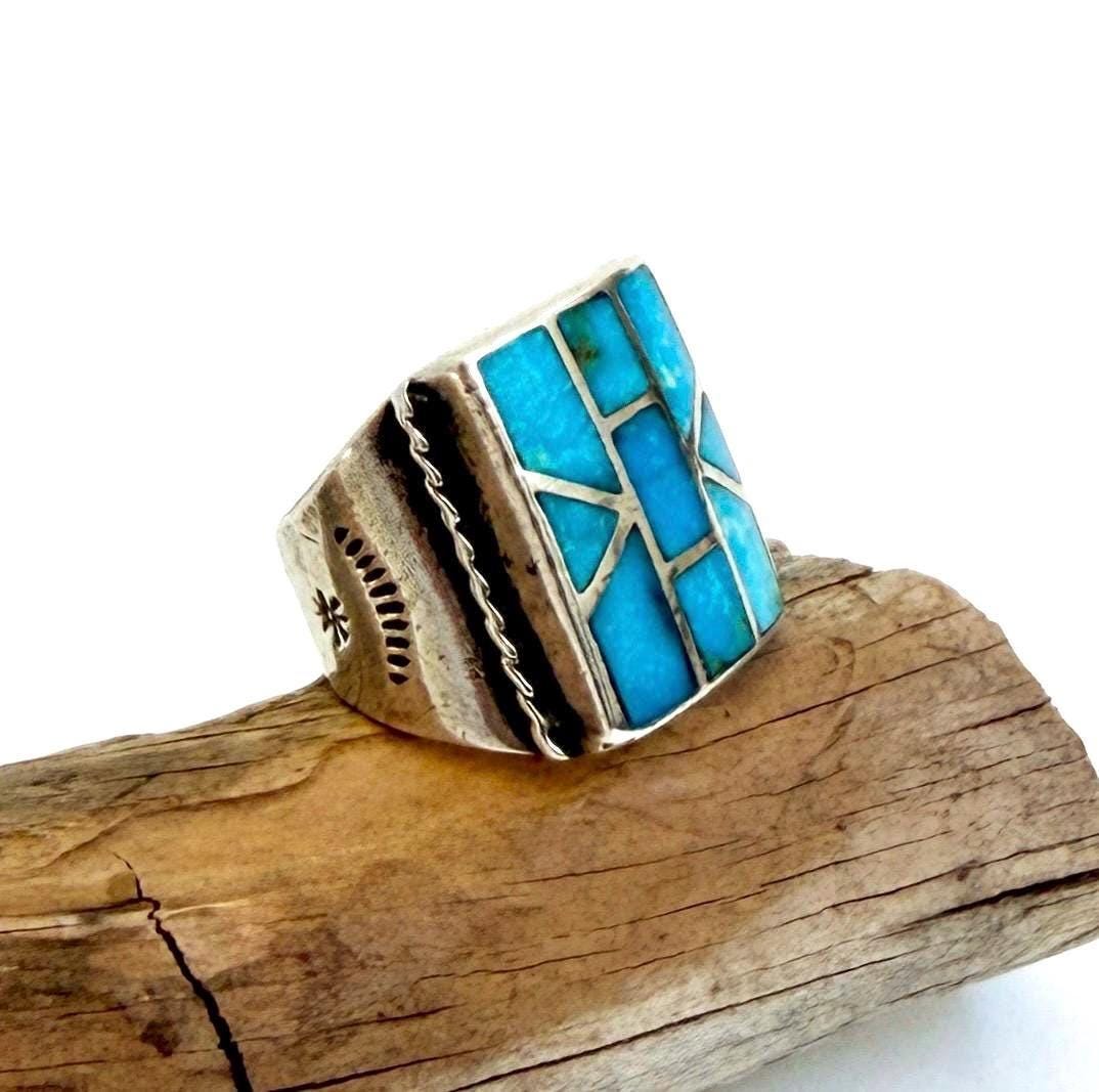 Vintage Native American Turquoise Signet Ring Hand Stamped Sterling Silver Band Size 9.5