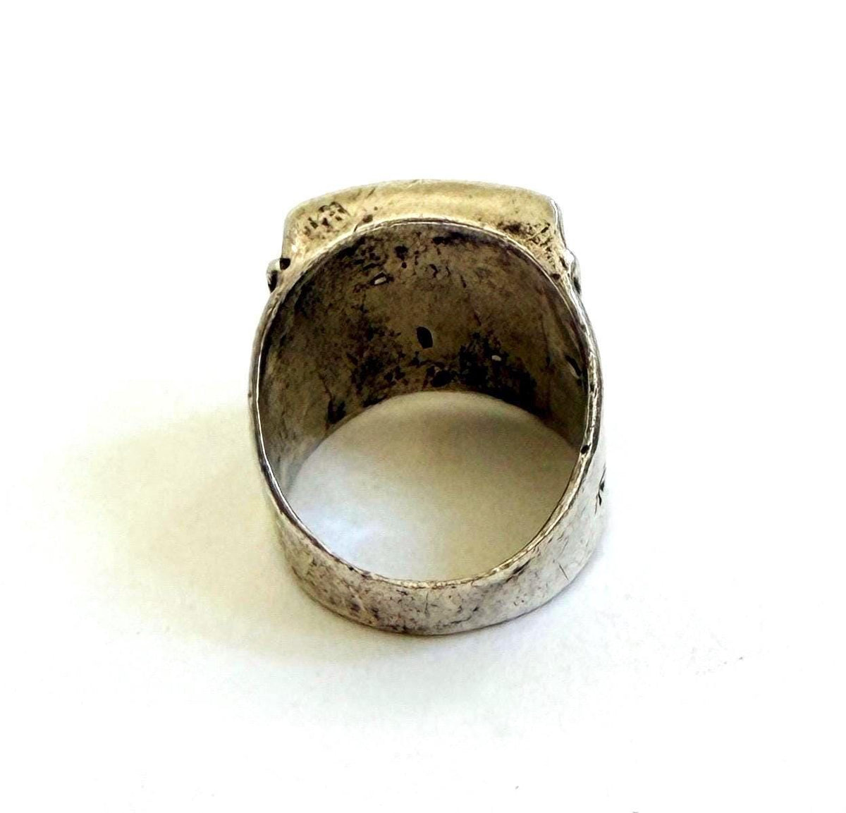 Vintage Native American Turquoise Signet Ring Hand Stamped Sterling Silver Band Size 9.5