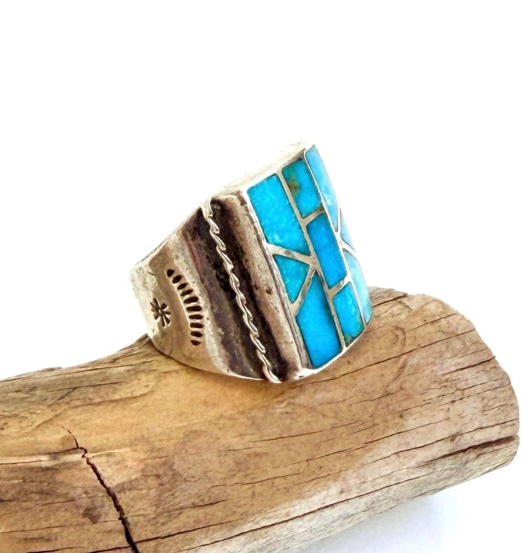 Vintage Native American Turquoise Signet Ring Hand Stamped Sterling Silver Band Size 9.5